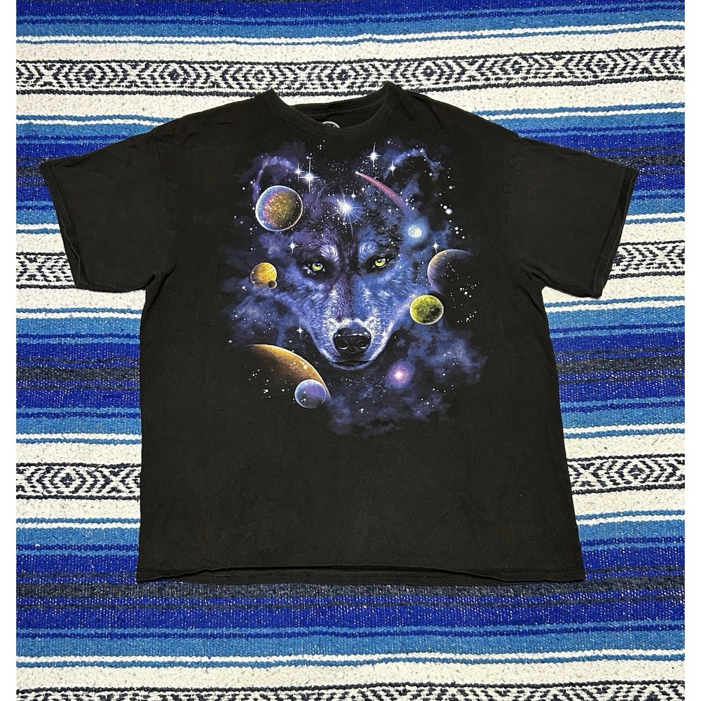 DOM Black SPACEWOLF Galaxy Planets Graphic T-Shirt Men's Size XL Wolf Galaxy